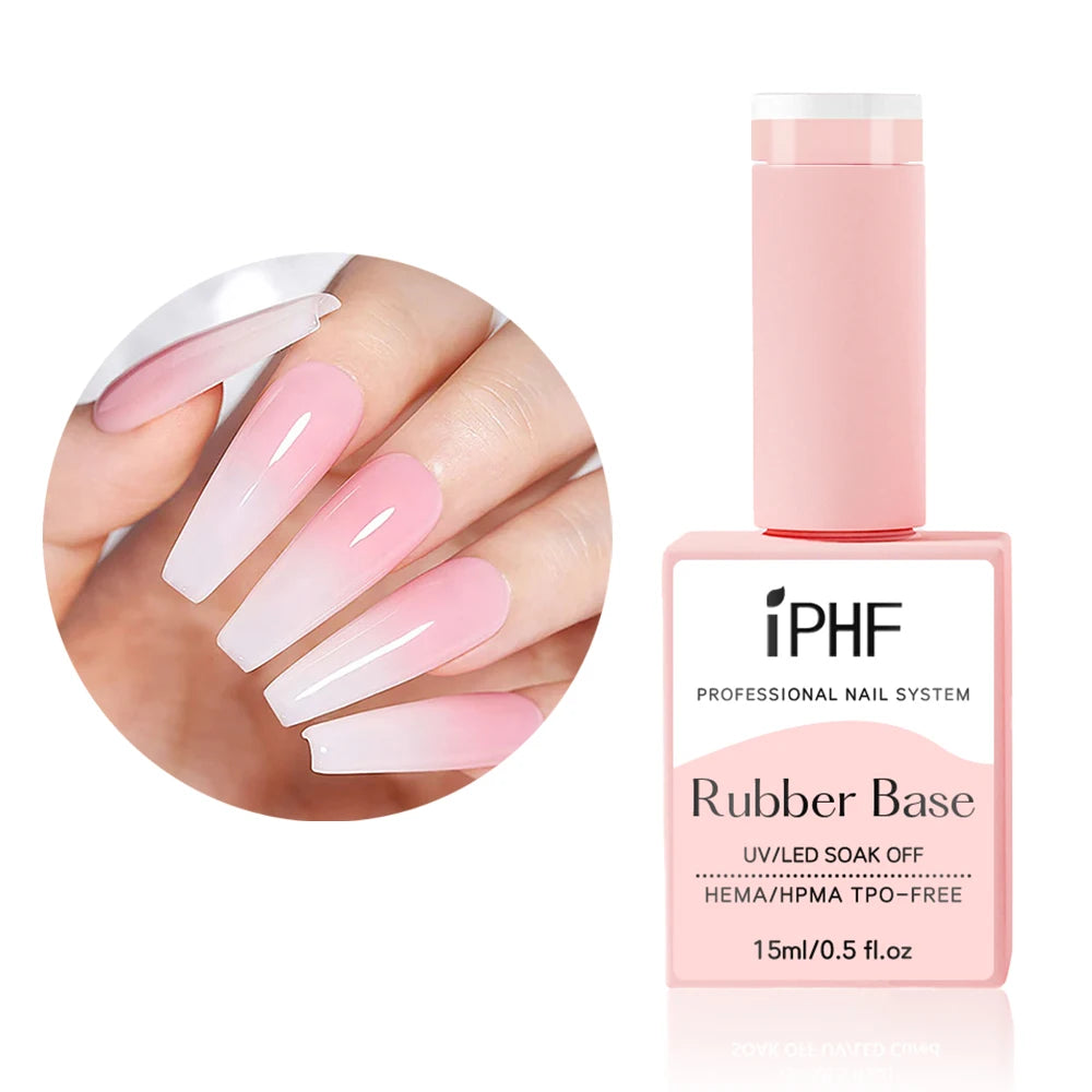 Close-up use case of rubber base gel polish for smoothing uneven nails before gel color application