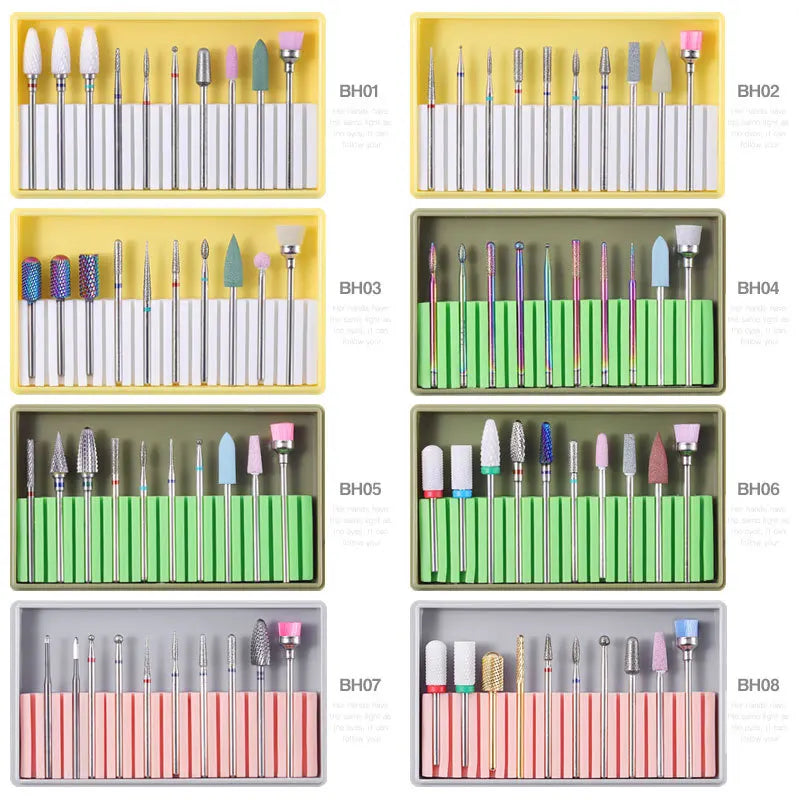 Close-up of cone tip ceramic nail drill bits for sidewall, cuticle, and surface prep work