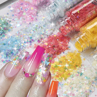 Close-up product view of mixed-shape holographic sequins for gel, acrylic, and press-on nails