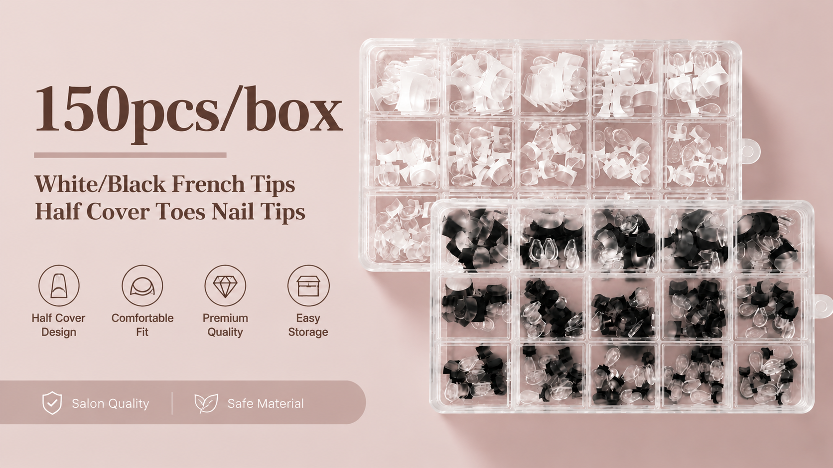 150pcs box White/Black French tips half-cover nail tips