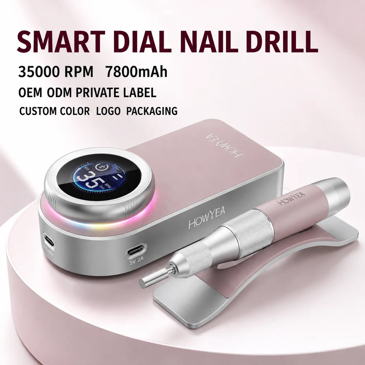 Rechargeable electric nail file detail view showing cordless nail drill design and color light ring
