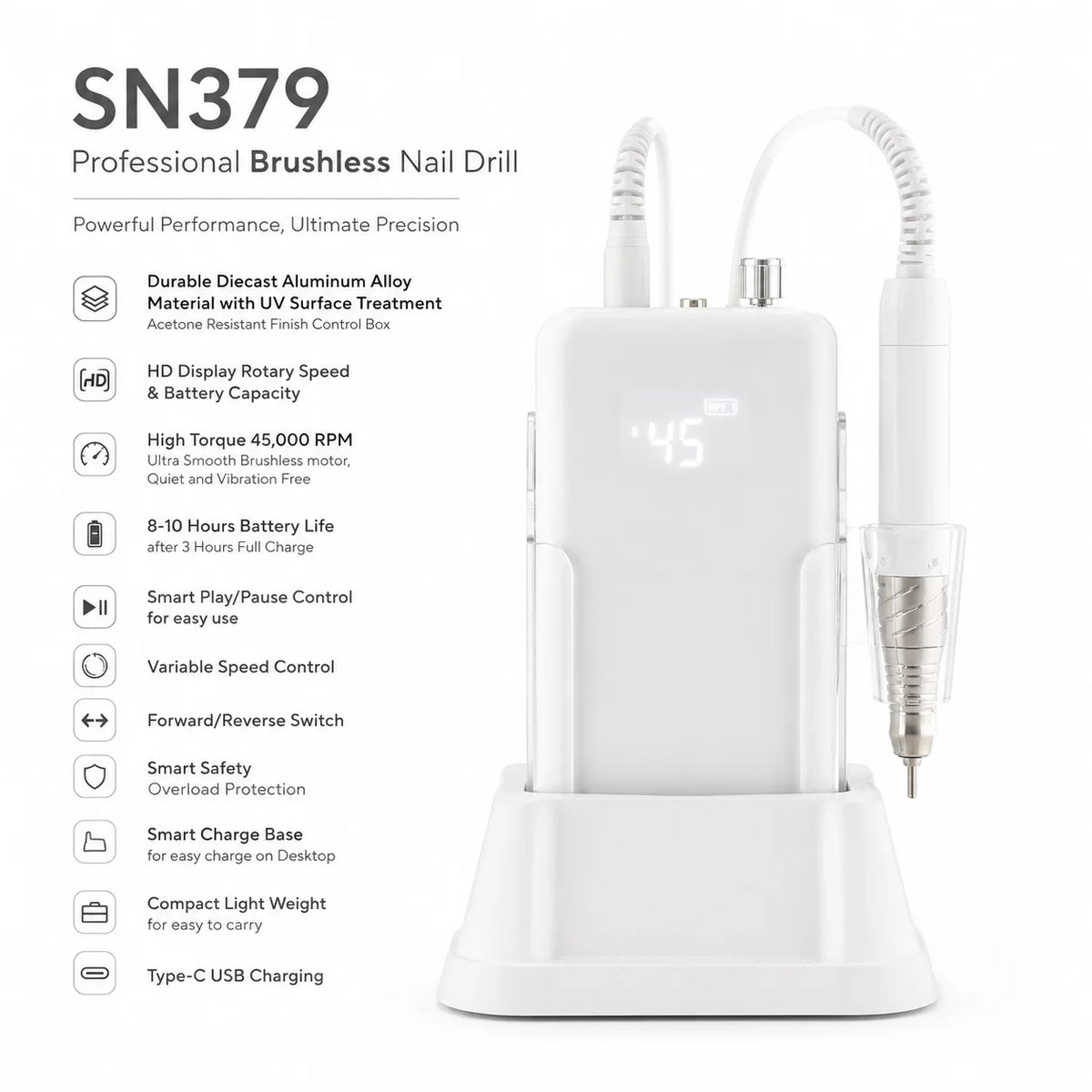 Portable rechargeable nail drill machine detail view with cordless desktop design