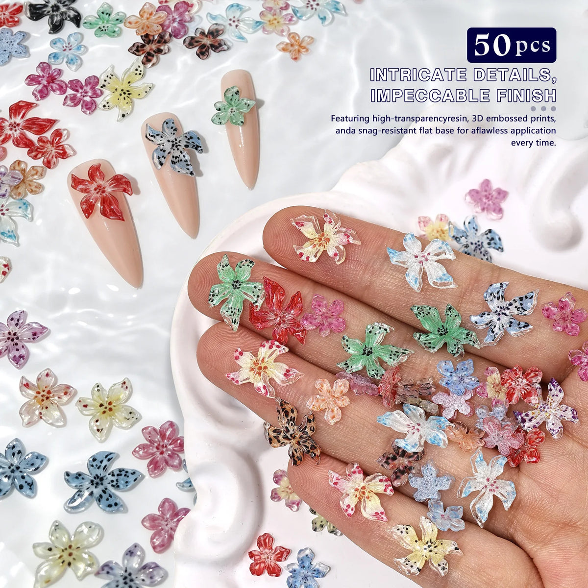 Resin flower nail charms shown as decorative accessories for press-on, gel, and acrylic nails