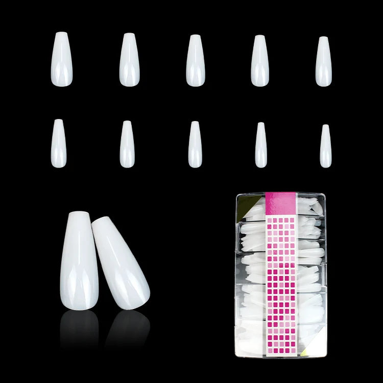 500 piece box of white coffin nail tips for bulk nail art practice and salon use