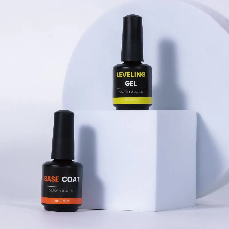 Close-up of clear leveling gel base and glossy top coat for DIY and salon manicures