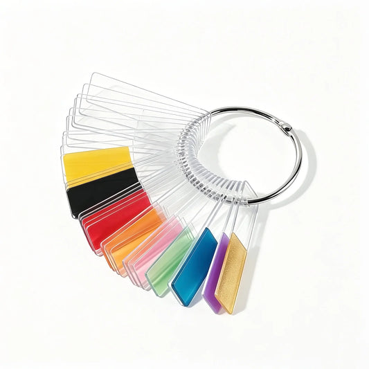 Clear acrylic nail swatch display ring holder for nail polish samples and salon color organization