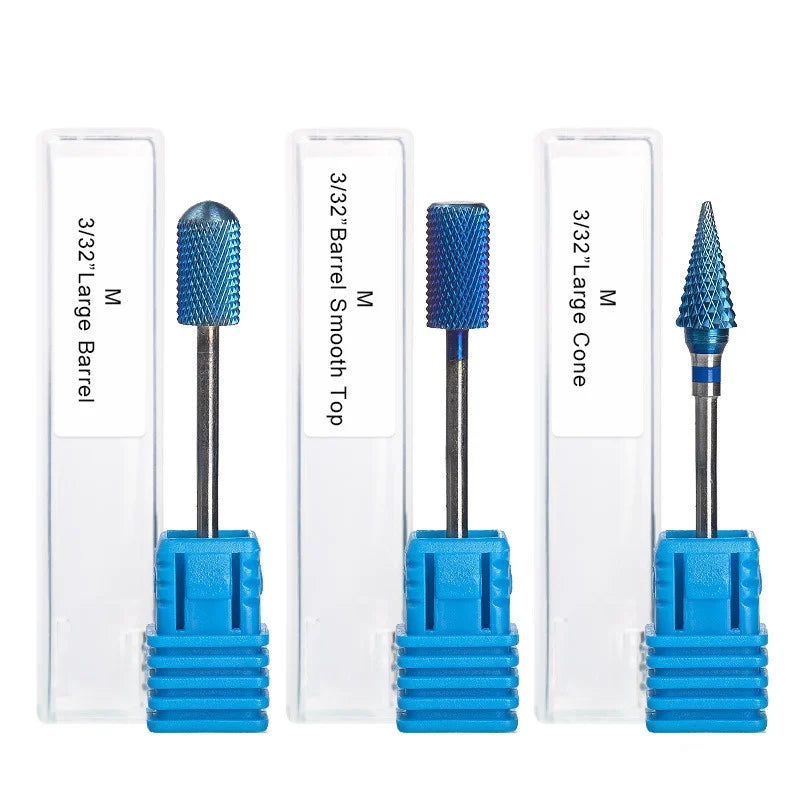Blue coated carbide nail drill bit detail showing finish and single-piece nail tool format