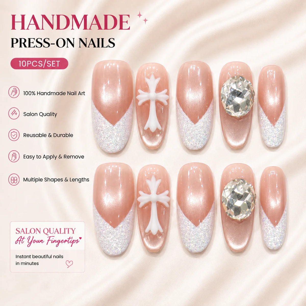 Nude pink cat eye oval press-on nails with rhinestones and raised 3D cross accents