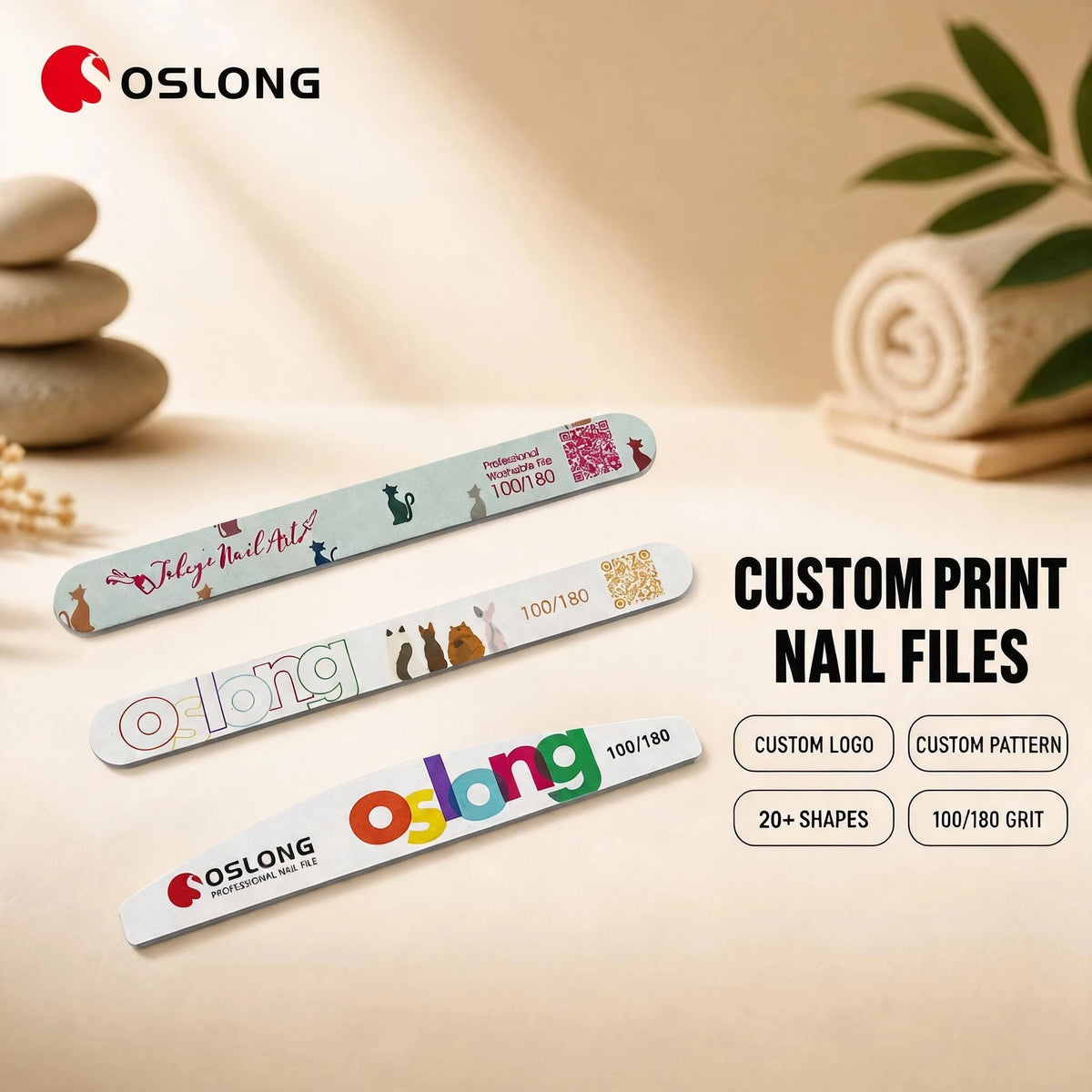 Custom white emery board nail file 100/180 grit, double-sided washable nail file with logo option