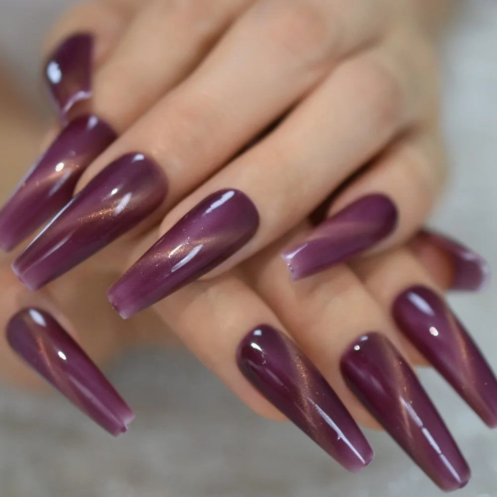 Grape purple full cover false nails showing long coffin style and ABS material look