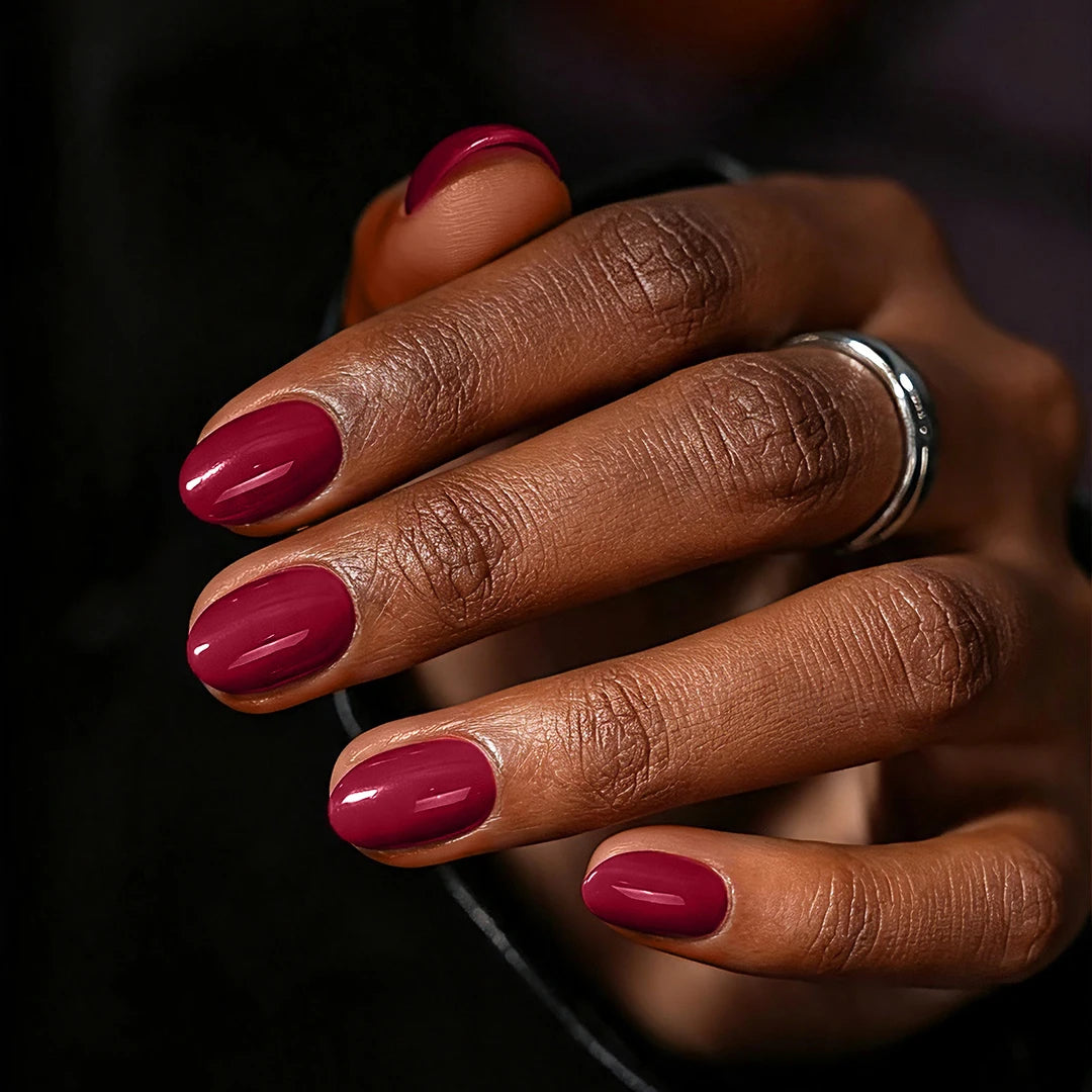 Close-up product view of solid red soft gel press-on false nails