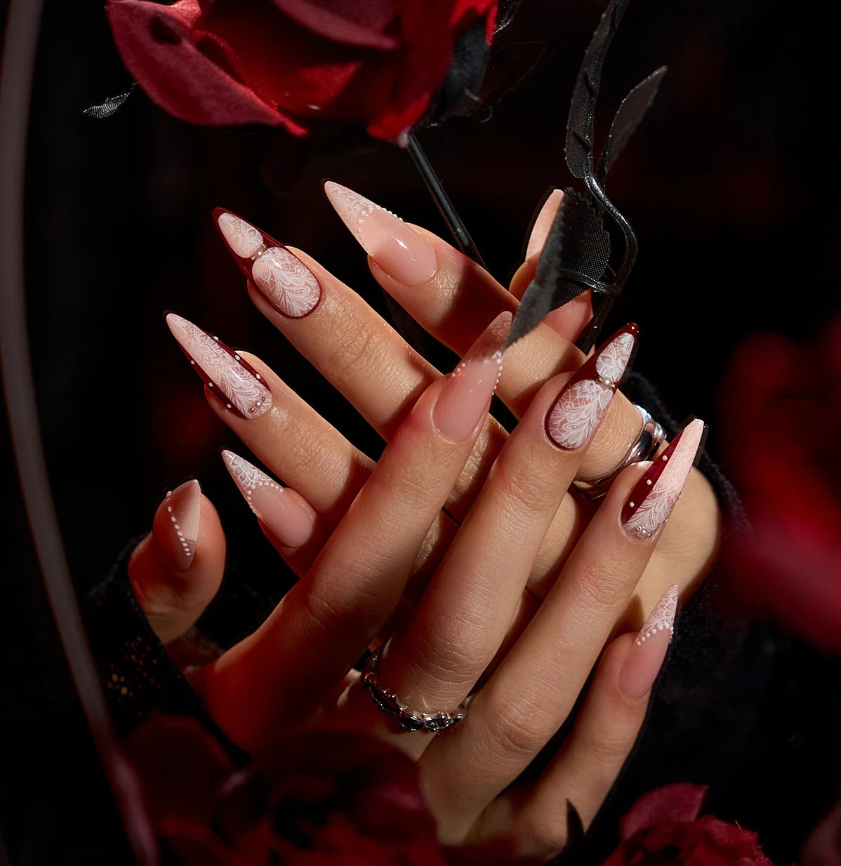 Handmade Gothic press-on nails with 3D French tips and a long stiletto soft gel design