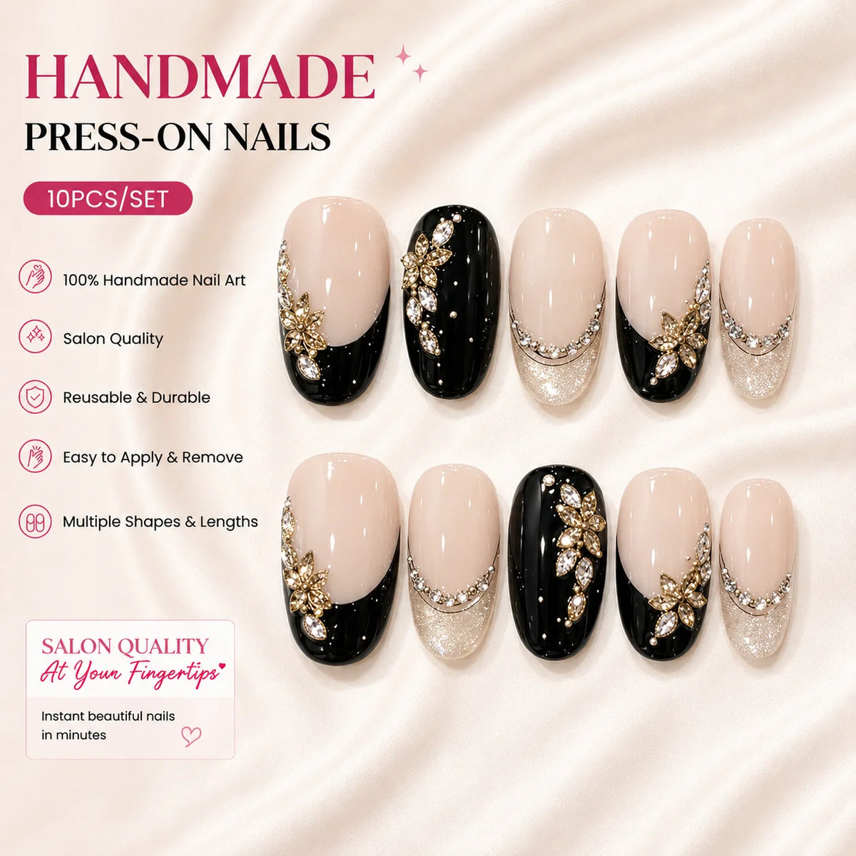 Short oval acrylic press-on nail set with black and gold French-inspired details