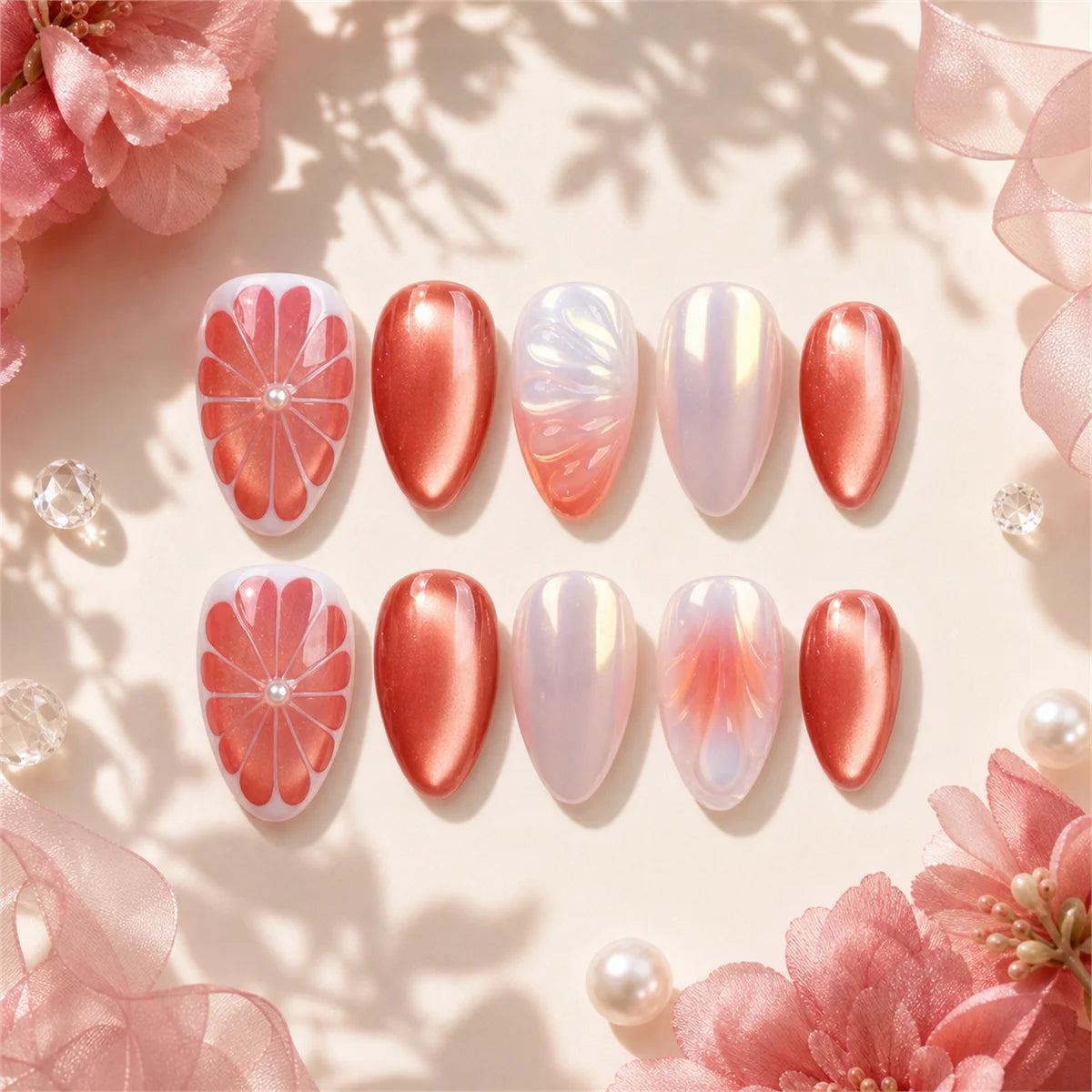 Medium almond press on nails with 3D flower accents in coral red, white and iridescent handmade false nails