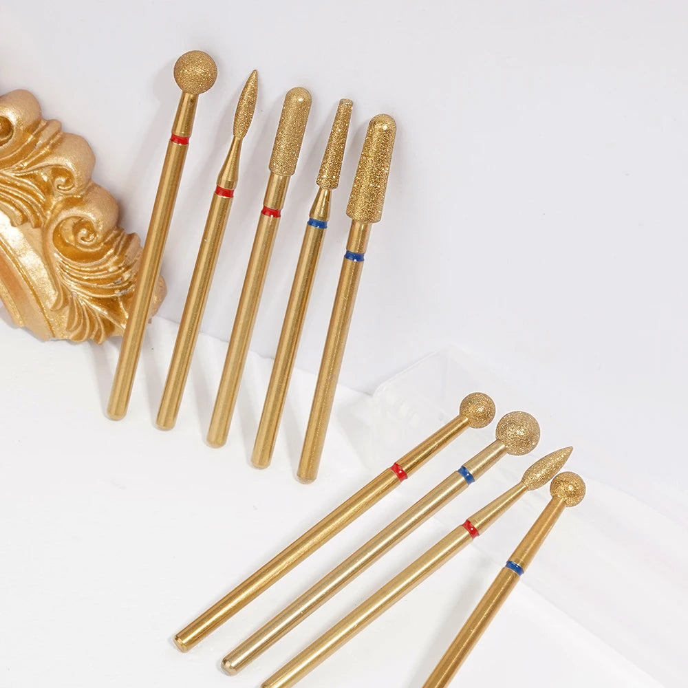 2.3mm diamond nail drill bit with gold coating for cuticle cleaning and electric nail file manicure prep