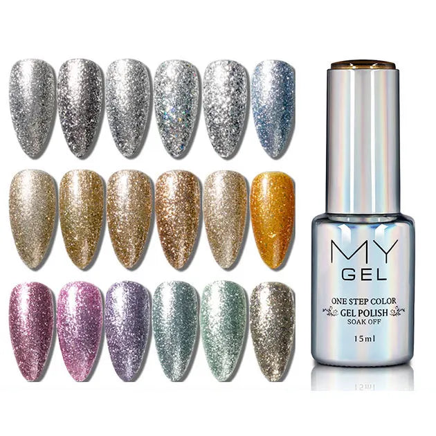 Close-up view of platinum shimmer gel polish texture for layered nail art looks