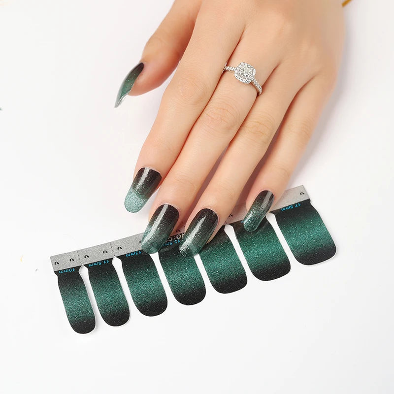 Decorative glitter nail sticker wraps that can be trimmed to fit fingernails and toenails