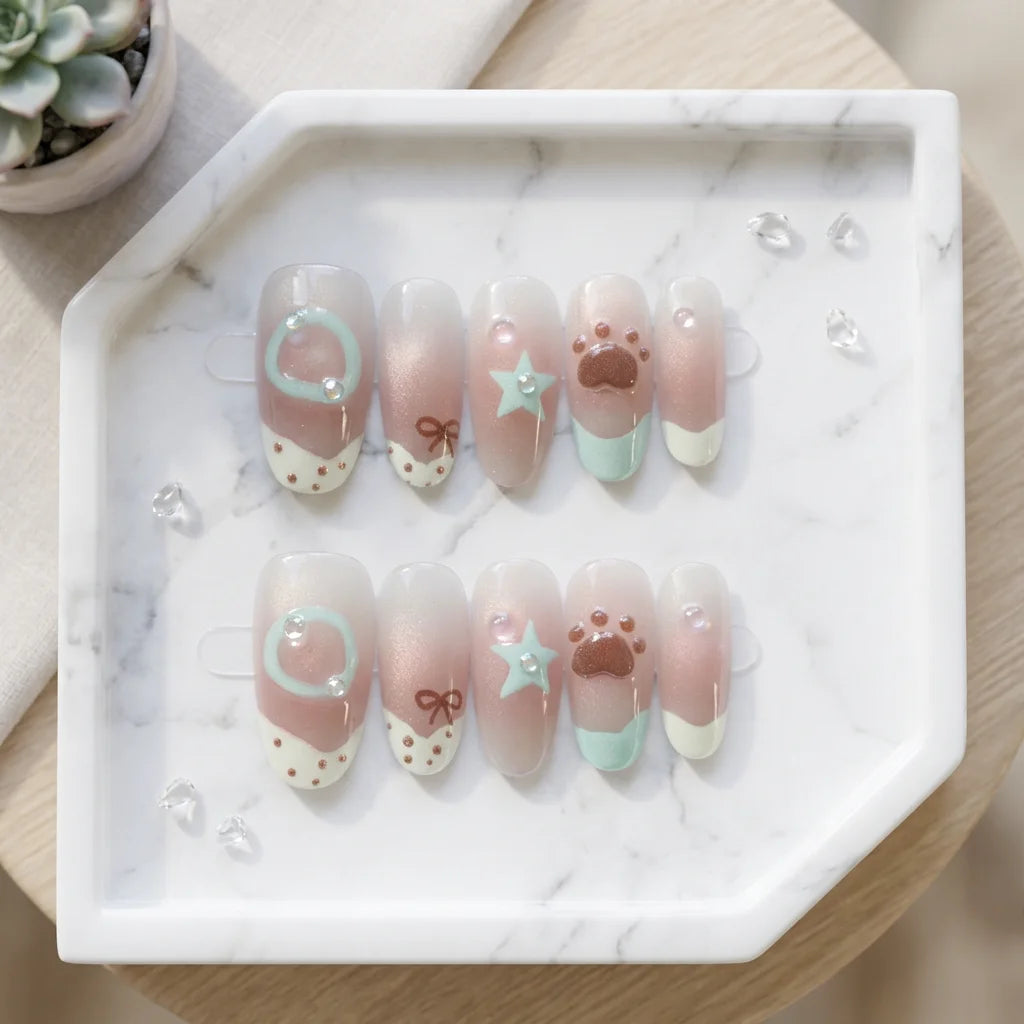 Close-up of almond-shaped reusable press on nails for party, festival, and everyday manicure styling