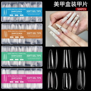 Close-up of clear full cover coffin nail tips for custom nail art salon practice and reusable manicures