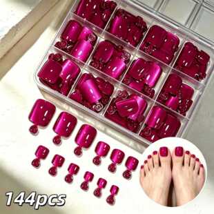 Cat eye toe nail press on set in dragon fruit pink, 144-piece short square press on toenails for summer pedicure