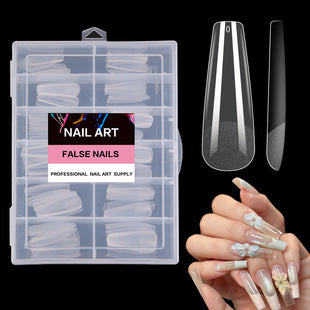 Transparent nude nail tips set showing medium-long ballet shape and 120 piece quantity