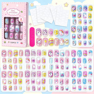 Kids unicorn press on nails set packaging and quantity detail, 120 piece dress-up accessory set