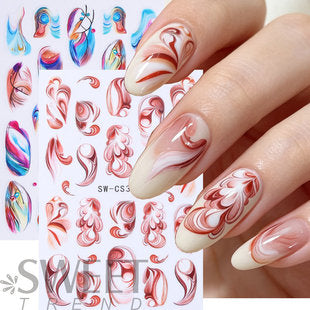 Watercolor nail art stickers with vintage reddish brown marbled design for DIY manicures and press on nail decoration