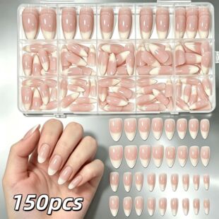 Nude pink short almond false nail set with 150 assorted-size pieces