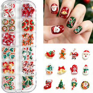 Christmas resin nail decorations organized in a 12-compartment storage case