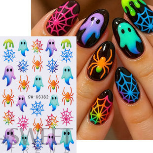 Close-up of cute spooky DIY Halloween nail stickers for manicure use