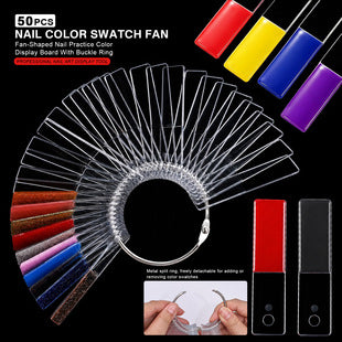 Close-up of fan-style nail swatch sticks for polish testing, sample display, and nail practice