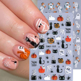 Halloween nail stickers sheet with ghost, pumpkin, black cat, spider web, skeleton and mummy self-adhesive nail decals
