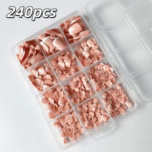 240-piece beige French toe nail tips set showing multiple sizes for press-on pedicure application