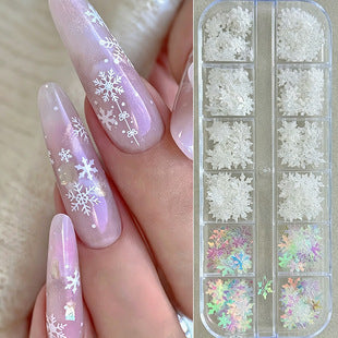 Close-up of 3D Christmas snowflake nail charms for press-on nails and DIY winter manicures