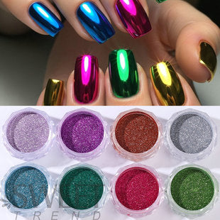 Ultra-fine chrome nail powder in gold, copper and light silver tones for mirror-effect metallic nail art