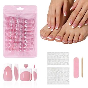 Glossy square French tip nail tips for DIY manicure and pedicure styling