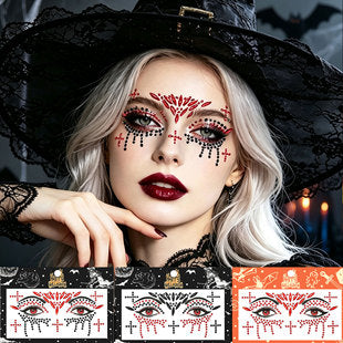 Halloween face gems vampire makeup stickers with gothic cross and dark blood tear design