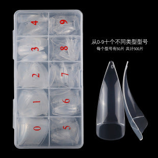 Clear stiletto nail tips 500pcs full cover false nails in mixed sizes for acrylic, gel extensions, DIY nail art, and salon use