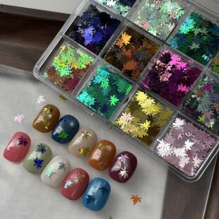 Close-up detail of 6mm color-shifting maple leaf nail sequins for seasonal nail art
