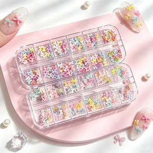 12-grid pastel bow nail charms packaging detail with mini resin nail art accessories