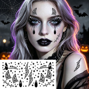 Close-up of gothic black rhinestone face jewels for cosplay and stage looks
