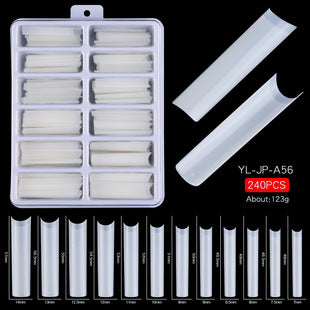 Close-up of XXXL flat coffin nail tips for French tip designs and custom nail art