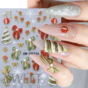 5D Christmas nail stickers with red and gold holiday nail art designs