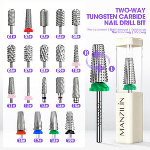 Two-way tungsten carbide nail drill bit with tapered head and rounded ball tip for gel removal