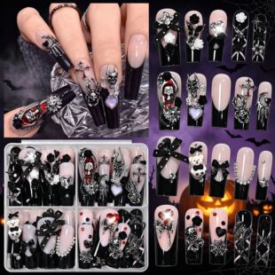 Halloween press on nails set with long black gothic fake nails featuring skull, cross, black rose and bow designs