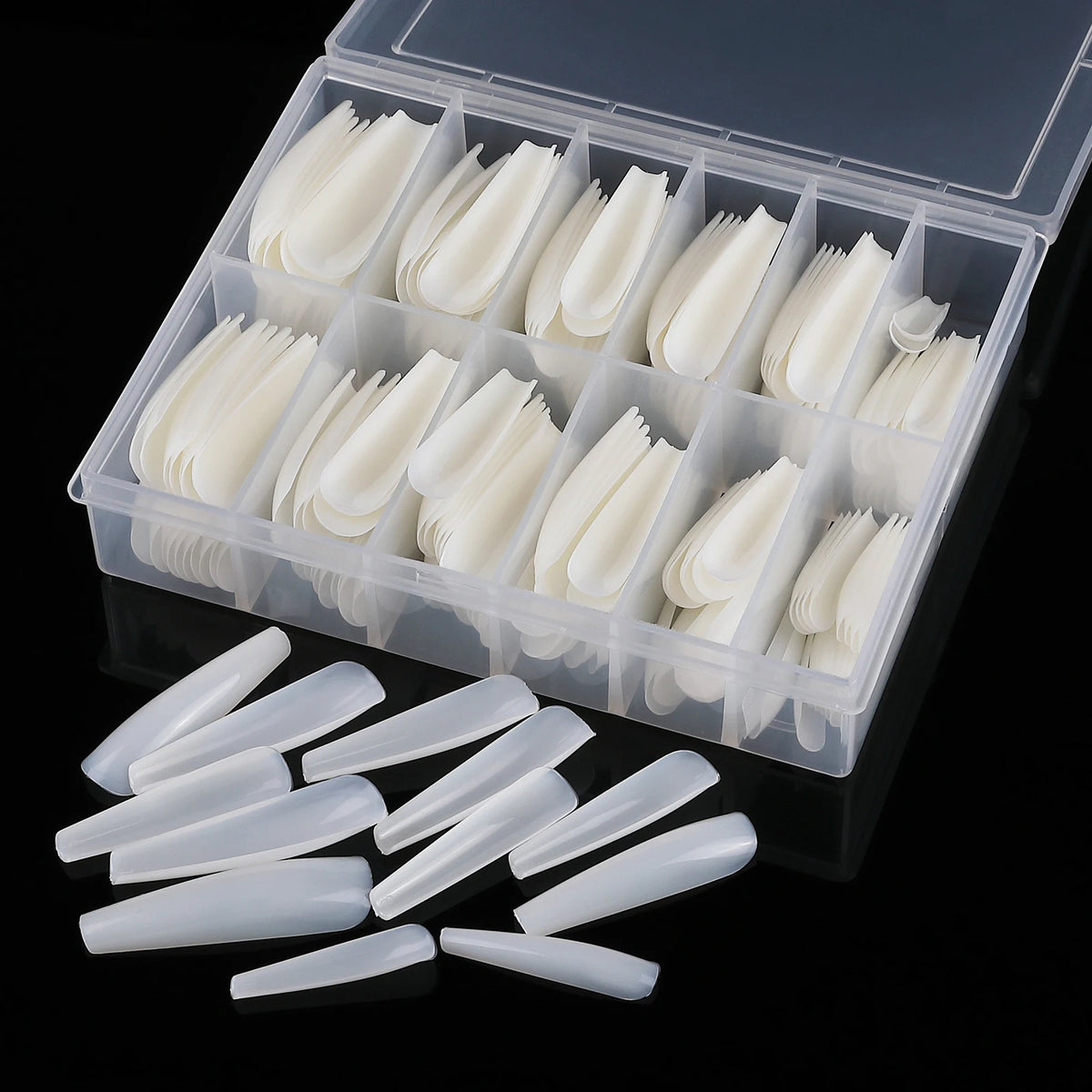 Close-up style image of ultrathin coffin nail tips for salon and DIY use
