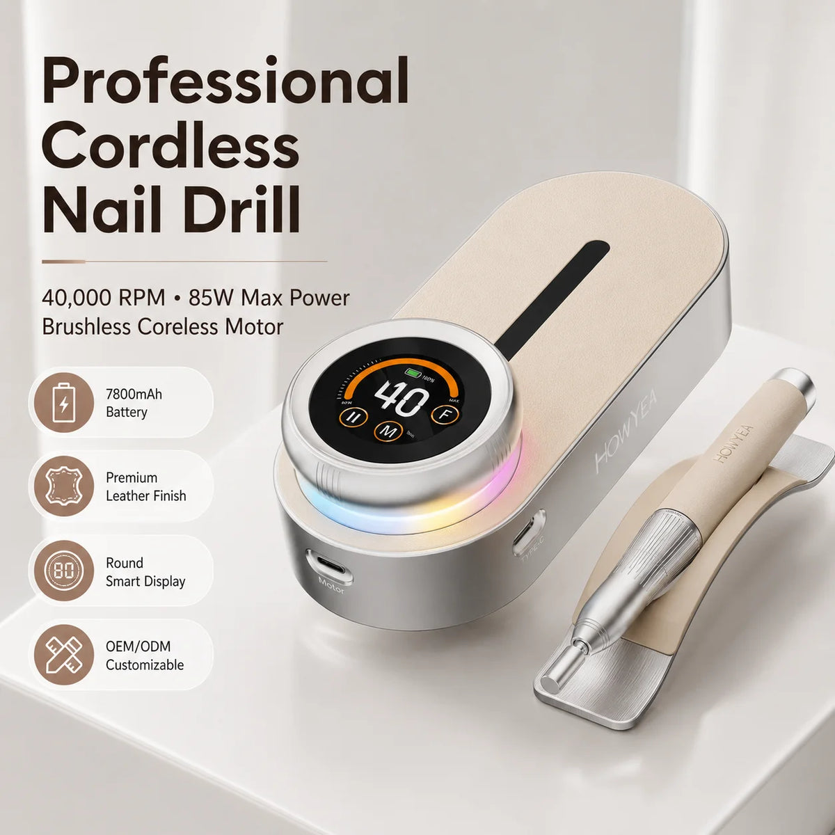Cordless nail drill 40000RPM with brushless motor, rechargeable electric manicure machine for salon and home use