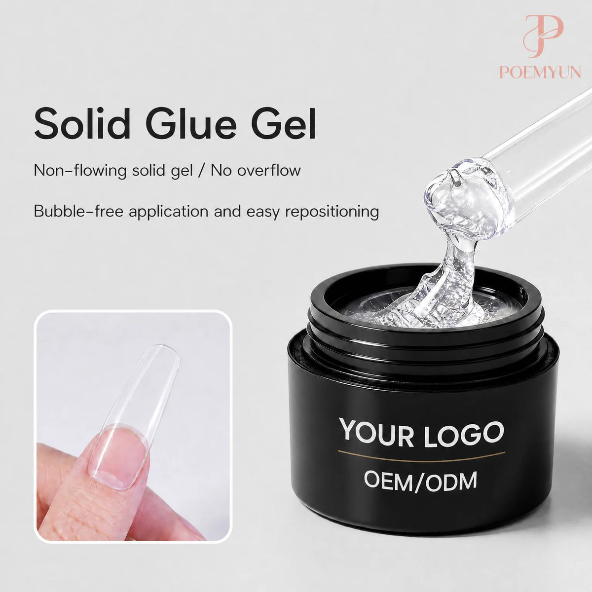 Non-flowing solid nail glue gel for UV/LED-cured press-on nails and full-cover nail tips