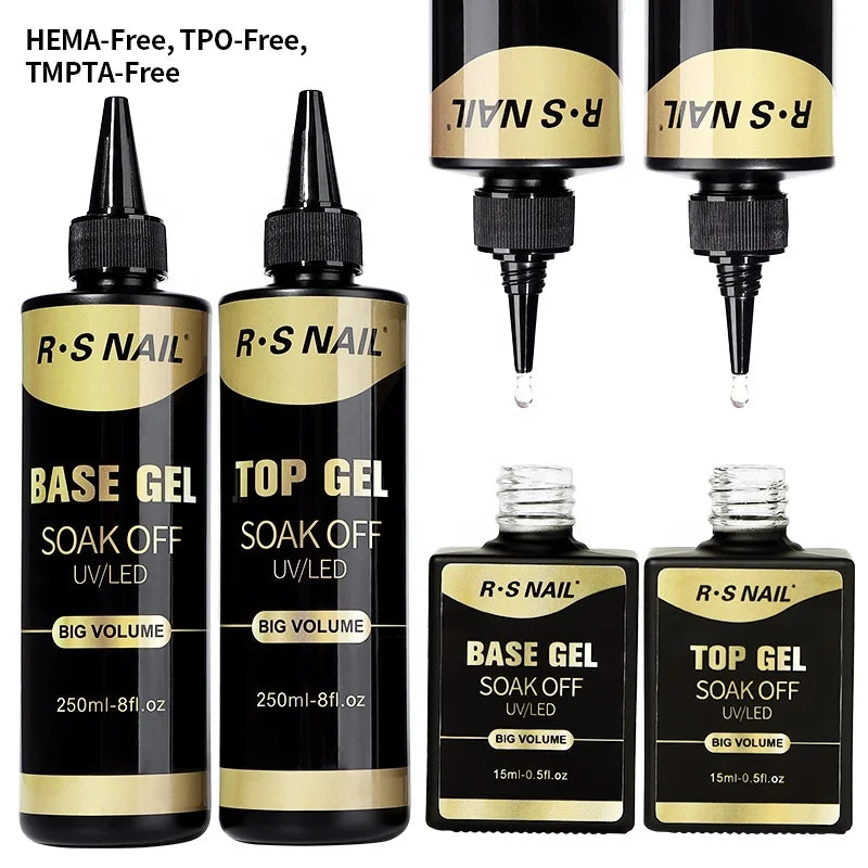 UV LED soak-off gel base and glossy no-wipe top coat for nail art
