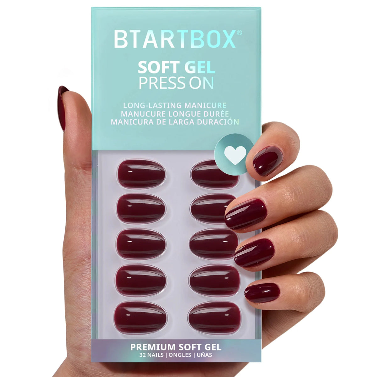 Short oval shape and dark red finish of soft gel press-on nails